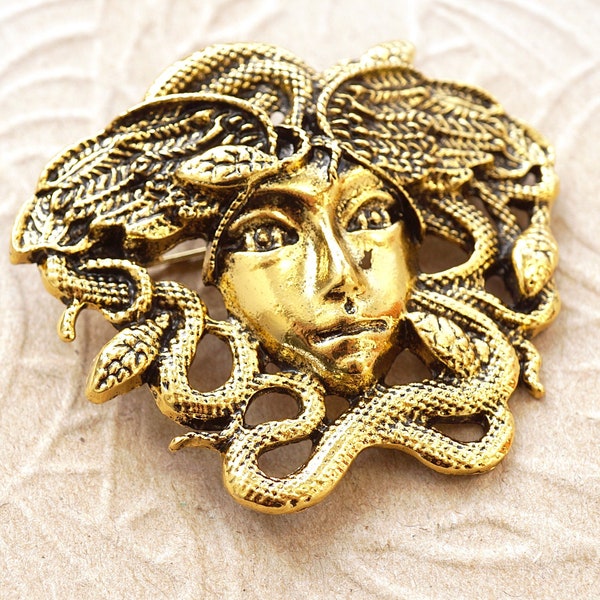 ON VACATION Medusa Brooch Pin, Greek mythology Female Monster Gorgon Face, Snakes Wings, Vintage Brooch Pendant Loop on the back