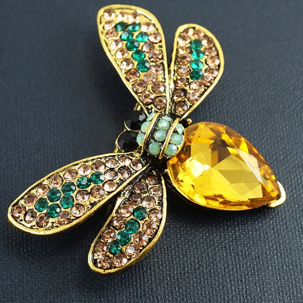 Golden rhinestone bee brooch, bumble bee pin, Yellow Green crystal bee brooch, vintage insect jewelry