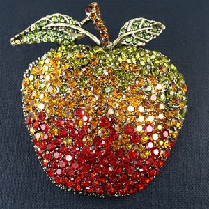 Large Red and Green Apple Brooch, Colorful Rhinestone Crystal Pin, Fruit Jewelry, Vintage Brooch
