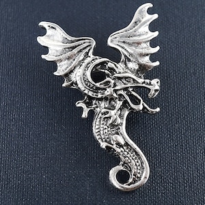 Silver Dragon Brooch Dragon Pin, 2024 Year of Dragon, Goth Dragon Wings Brooch, Vintage Jewelry