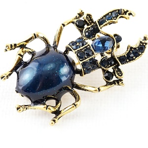 Große Blaue Käfer Brosche, Vintage Hirschkäfer Anstecknadel, Insekt Brosche, Blaue Emaille Strass Kristalle Gold Insekt Anstecknadel