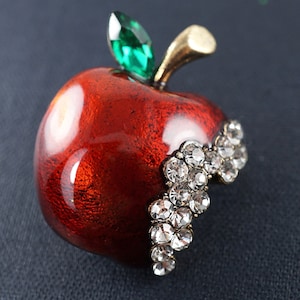 Red Apple Brooch with a Bite Out, Green Leaf Crystal Pin, Rhinestone Fruit Vintage Brooch