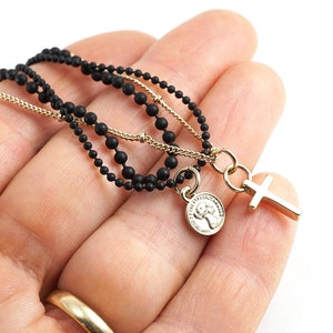 Dainty Black and Gold Satellite Chain Necklace, Tiny Gold Cross, Petite Medal Charm, Thin Layering Dot Chain