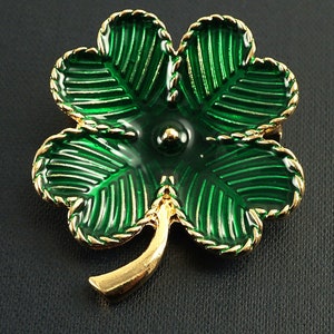 St Patricks Day Gift, Large Green 4 leaf Clover Brooch Pin, Irish Shamrock Good Luck, Enameled Vintage