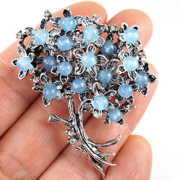 ON VACATION Blue Stone Tree Brooch, Cluster Branch Brooch, Silver Leaves, Botanical Shawl Pin Brooch Pendant, Nature Jewelry
