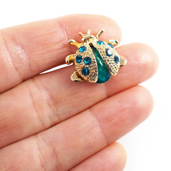 ON VACATION Tiny Ladybug Brooch, Small Gold Insect Bug Pin, Teal Blue Rhinestone Lady Beetle, Nature Vintage Jewelry
