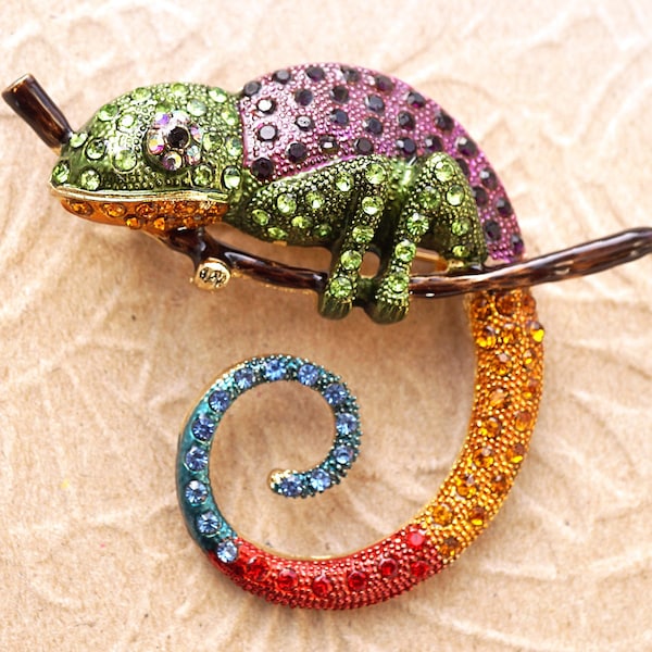 ON VACATION Rainbow Chameleon Brooch, Large Lizard Brooch, Colorful Rhinestone Pin, Vintage Brooch Pendant Gold