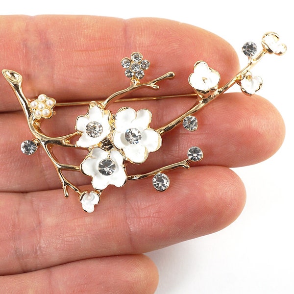 ON VACATION Delicate Gold Tree Branch Brooch, Tiny Pearl Jewelry, Sakura Cherry Branch, Vintage White Flower Pin, Botanical Wedding Pin