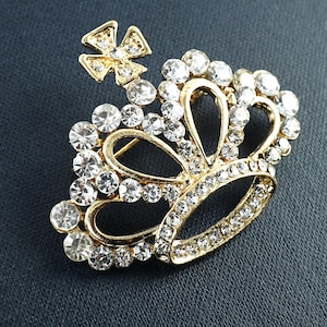 Złota broszka Royal Crown, kryształowa tiara księżniczki, broszka Queen Crown, biżuteria ślubna w stylu vintage