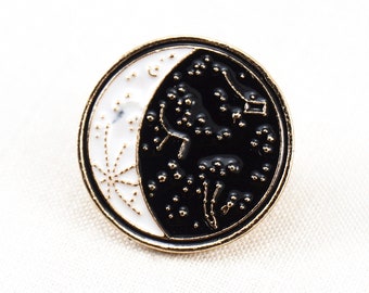 ON VACATION Night Sky Pin, Moon Lapel Pin for Men or Women, Star Constellations Tie Tack Pin, Gold Enamel Brooch, Round Button pin