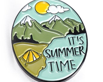 It's Summer Time Pin, Camping Tent Mountains Lake Sun Lapel Pin for Men Women, Nature Tie Tack Pin Hiker wilderness explorer Brooch