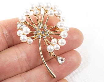 Make a wish Dandelion Brooch, White Pearls, Gold Flower Pin with Crystal Teardrop Dangle, Vintage Wedding Jewelry