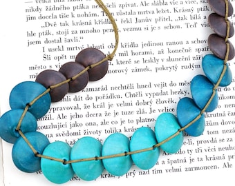 ON VACATION 3 Tone Turquoise Blue Disk Wood Necklace Knotted Cord large geometric Beads Hippie boho turquoise jewelry modern