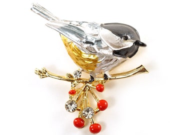 Small Chickadee Bird Brooch, Gold Bird Pin, Red Berries Branch Brooch, Vintage Brooch, Lapel Pin
