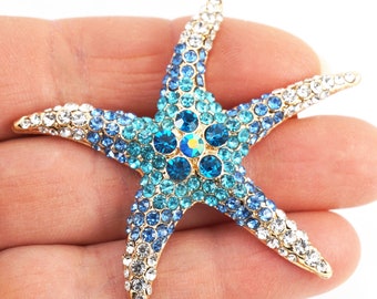 Broche Grande étoile De Mer En Perles De Cristal Facetté Bleu Et Blanc - Très Bon état Occasion