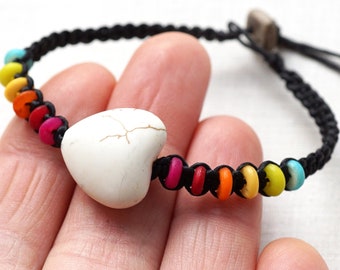 ON VACATION Rainbow Bracelet with White Stone Heart Black Cord Macrame Bracelet Adjustable Cord Coconut Button vintage jewelry