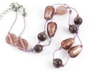 ON VACATION Thin Beaded Mauve Pink Necklace, Knotted Cord Necklace, Vintage 70s Jewelry