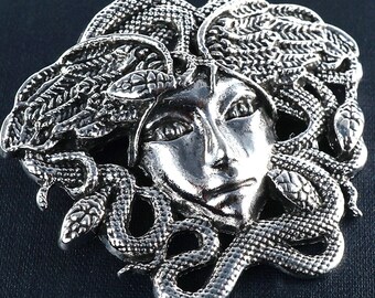 Silver Medusa Brooch Pin, Greek mythology Female Monster Gorgon Face, Snakes Wings, Vintage Brooch Pendant Loop on the back