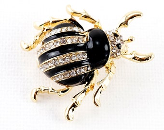 ON VACATION Elegant Bug Brooch, Vintage Stag Beetle Pin, Insect Brooch, Black Enamel Stripes Tiny Rhinestone Crystals, Gold Pin