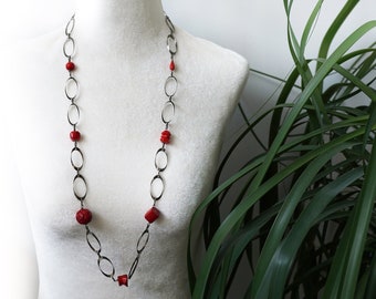ON VACATION Exquisite Carved Red Coral necklace, Large Chain Link Necklace, Mixed Shape Gemstone Beads 70s Vintage Jewelry bohemian