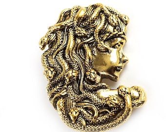 Medusa Brooch Pin, Greek mythology Female Monster Gorgon Face, Snakes Wings, Vintage Brooch Pendant Loop on the back