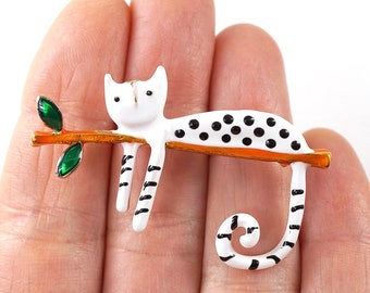 ON VACATION Relaxing Cat Brooch, White Cat Laying on Branch Pin, Pet Kitten Brooch, Black Polka Dot Stripe Tail, Vintage Brooch