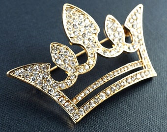 Gold King Queen Crown Brooch, Crystal Rhinestone Princess Tiara Pin,  Royal Crown Pin, Vintage Wedding Jewelry