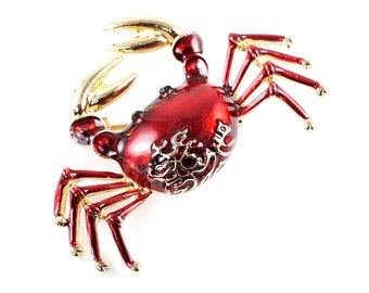 ON VACATION Red Crab Brooch, Small Gold Crab Pin, Marine Ocean Beach Shawl Scarf Pin, Vintage Jewelry