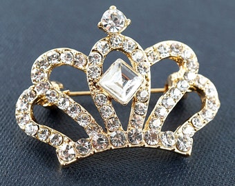 ON VACATION Gold Royal Crown Brooch, Crystal Rhinestone Princess Tiara Pin, Queen Crown Pin, Vintage Wedding Jewelry