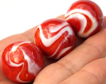 Vintage German Glass Marble 22mm, Red and White Swirl Marble, Big Glass Ball, Vintage Marble in Perfect Condition