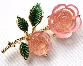 Glass Pink Rose Brooch, Gold Flower Brooch, Green Enamel Flower Jewelry, Antique Vintage Brooch Pin, Botanical Love Gift for Women