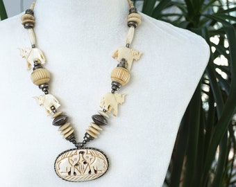 ON VACATION Carved Bone Elephant Necklace, Big Chunky Beaded Necklace, Large Silver Pendant, Unique Statement Vintage jewelry