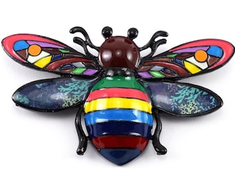 ON VACATION Very Colorful Beetle Brooch, Big Vintage Bug Pin, Large Black Enamel Rainbow Insect Brooch Pendant Loop on the back