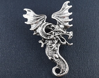 ON VACATION Silver Dragon Brooch Dragon Pin, 2024 Year of Dragon, Goth Dragon Wings Brooch, Vintage Jewelry