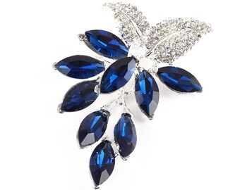 ON VACATION Dark Blue Dangle Crystal Flower Brooch, Marquise Cut Blue Rhinestone Pin, Silver Brooch, Something Blue Wedding Brooch