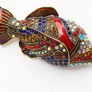 Colorful Fish Brooch, Tropical Fish Pin, Red Rhinestone Gold Fish Brooch, Vintage Marine Ocean Aquarium Jewelry