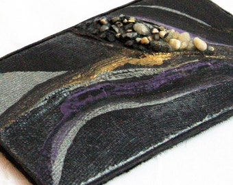 ON VACATION Purple Gold Mixed Media Painting, Miniature Canvas Black Leather small Wearable Art or Wall Decor modern abstract art