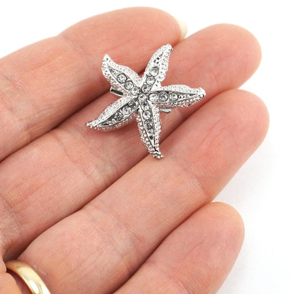 ON VACATION Tiny Silver Starfish Brooch, Small Vintage Jewelry, Tiny Rhinestone Crystals Starfish Pin, Starfish Lapel Pin for men