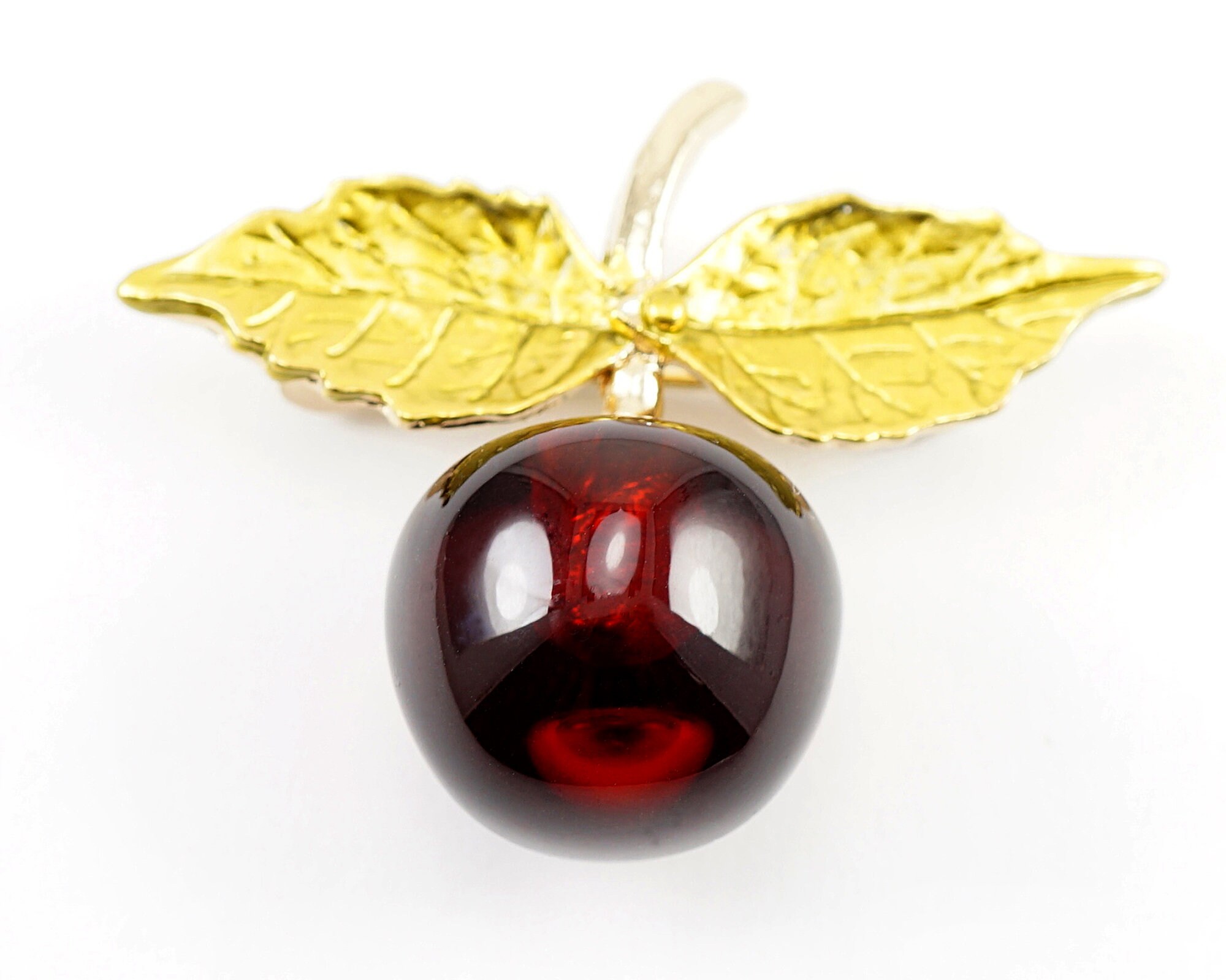 Exquisite Red Cherry Brooch, Metallic Green Leaves and Glass Berry