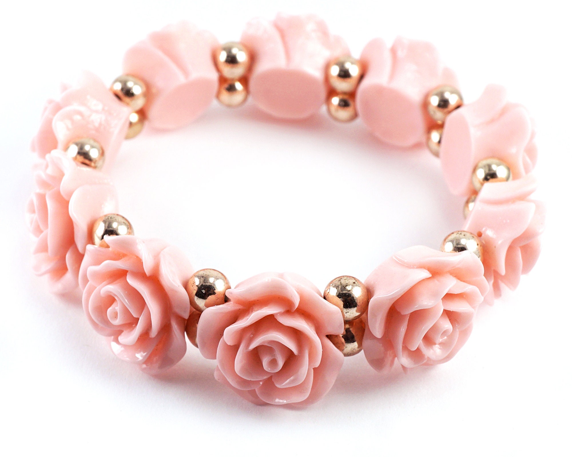Pink Flower Bracelet, Plastic Roses, Gold Beads, Stretchy Bracelet, Retro  Fashion, Vintage 70s Jewelry