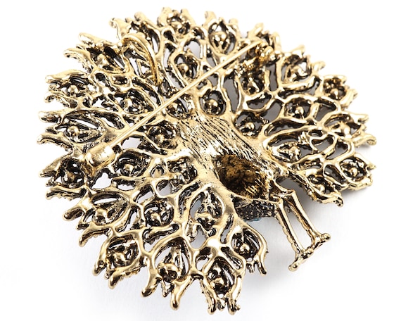 Exquisite Peacock Brooch Pin, Large Open Tail, Tiny Turquoise Blue