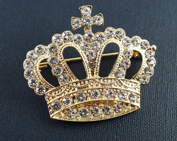 Silver or Gold Royal Crown Brooch Crystal Rhinestone Princess