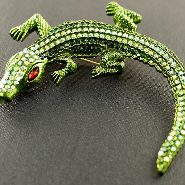 Grande broche alligator, broche lézard, broche crocodile oeil rouge animal strass vert, pendentif broche vintage