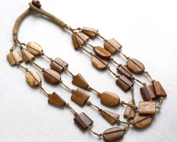 ox bone bead necklace string knotted Brown cord H… - image 5