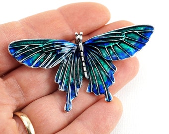 ON VACATION Jewel Blue Butterfly Brooch, Vintage Butterfly Pin, Enamel Insect, Silver Butterfly Pin Vintage Brooch Pendant