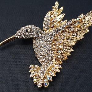 Stunning Gold Hummingbird Brooch, Vintage Pin Brooch Tiny Rhinestone Crystals Humming Bird Brooch Pendant Loop