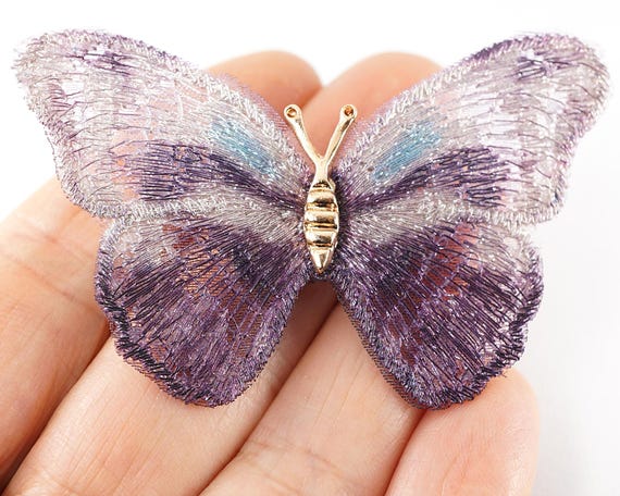 Purple Embroidered Butterfly Brooch, Gold Butterfly Pin, Vintage Butterfly Pin Insect Brooch, Gold Butterfly Pin