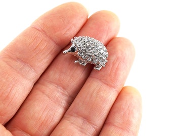ON VACATION Tiny Silver Hedgehog Brooch, Small Hedgehog Brooch, Vintage Jewelry, Tiny Rhinestone Crystals Hedgehog Pin, Lapel Pin