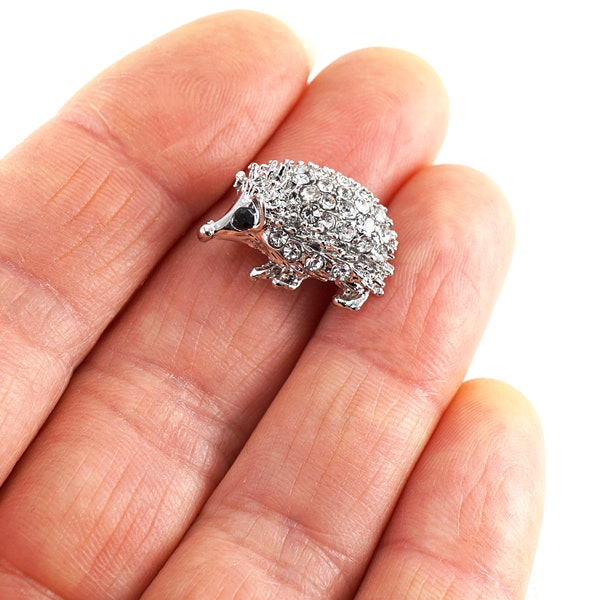 ON VACATION Tiny Silver Hedgehog Brooch, Small Hedgehog Brooch, Vintage Jewelry, Tiny Rhinestone Crystals Hedgehog Pin, Lapel Pin