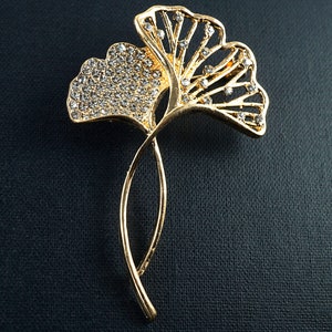 ON VACATION Gold ginkgo Leaves Pin, Tiny Rhinestones, Botanical Brooch, Vintage Wedding Jewelry image 3